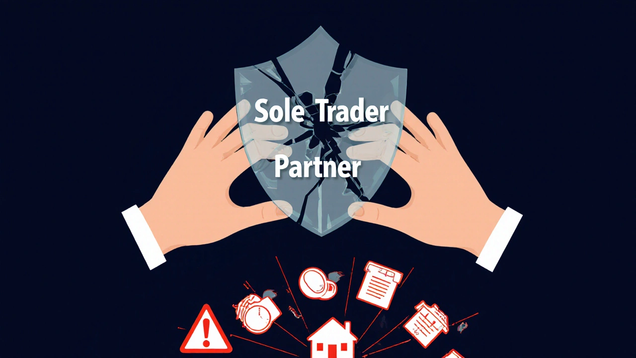A cracked glass shield with debts spilling out, representing personal liability in UK sole trader and partnership structures.