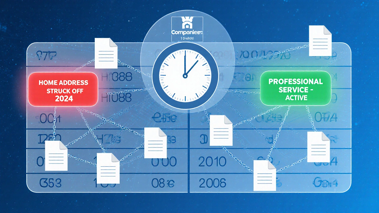 A digital registry shows failing and compliant company addresses with a 14-day deadline clock.