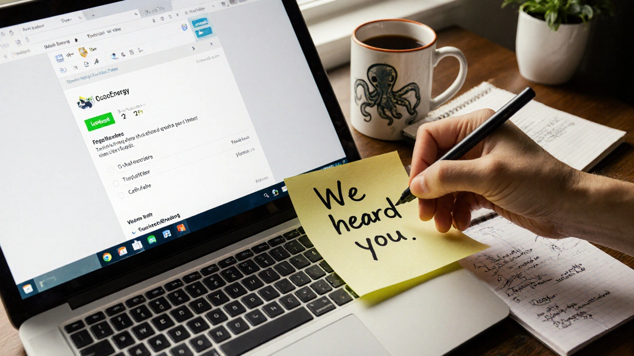 A hand writes &#039;We heard you&#039; on a sticky note next to a low CSAT score and an email draft, with a coffee mug and plant on the desk.