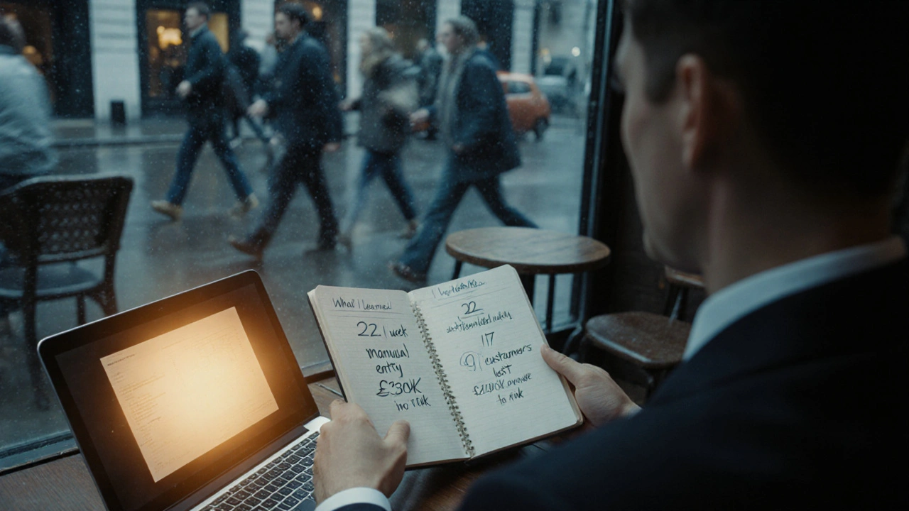A salesperson in a London café with a notebook revealing discovered business pain points.