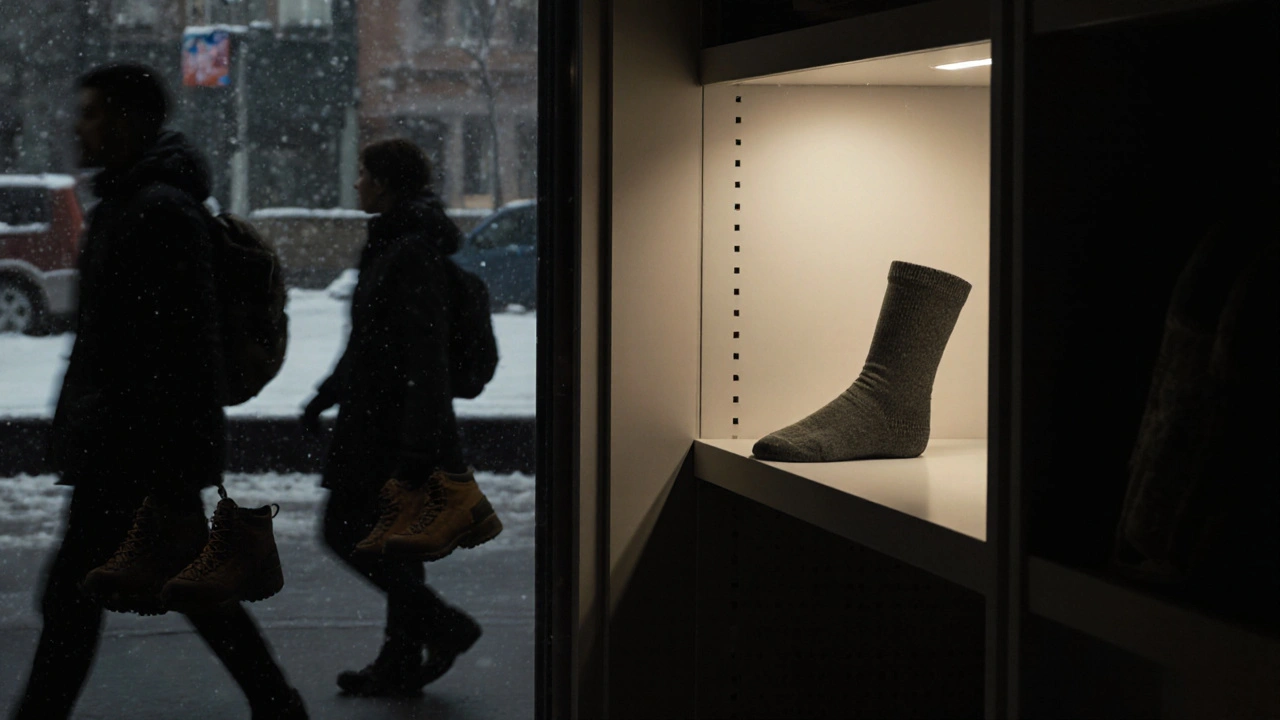 A single pair of thermal socks glowing on a shelf, with a shadowy figure holding last winter&#039;s hiking boots, snow falling outside.