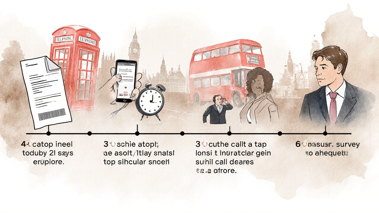 A visual timeline showing a UK customer&#039;s journey from purchase to survey to personal follow-up, with subtle British landmarks in the background.