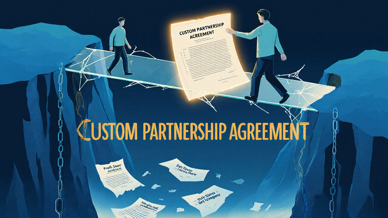 Abstract glass bridge over legal default rules, held up by a custom partnership blueprint.