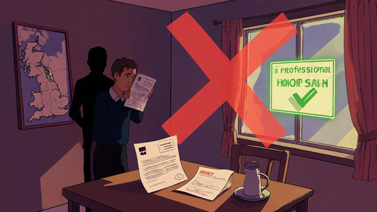 An entrepreneur faces legal mail at home while a professional address glows in the distance.