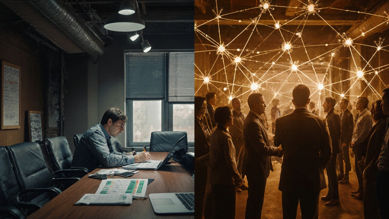 Contrasting scenes of inactive boardroom vs. dynamic network-driven growth.