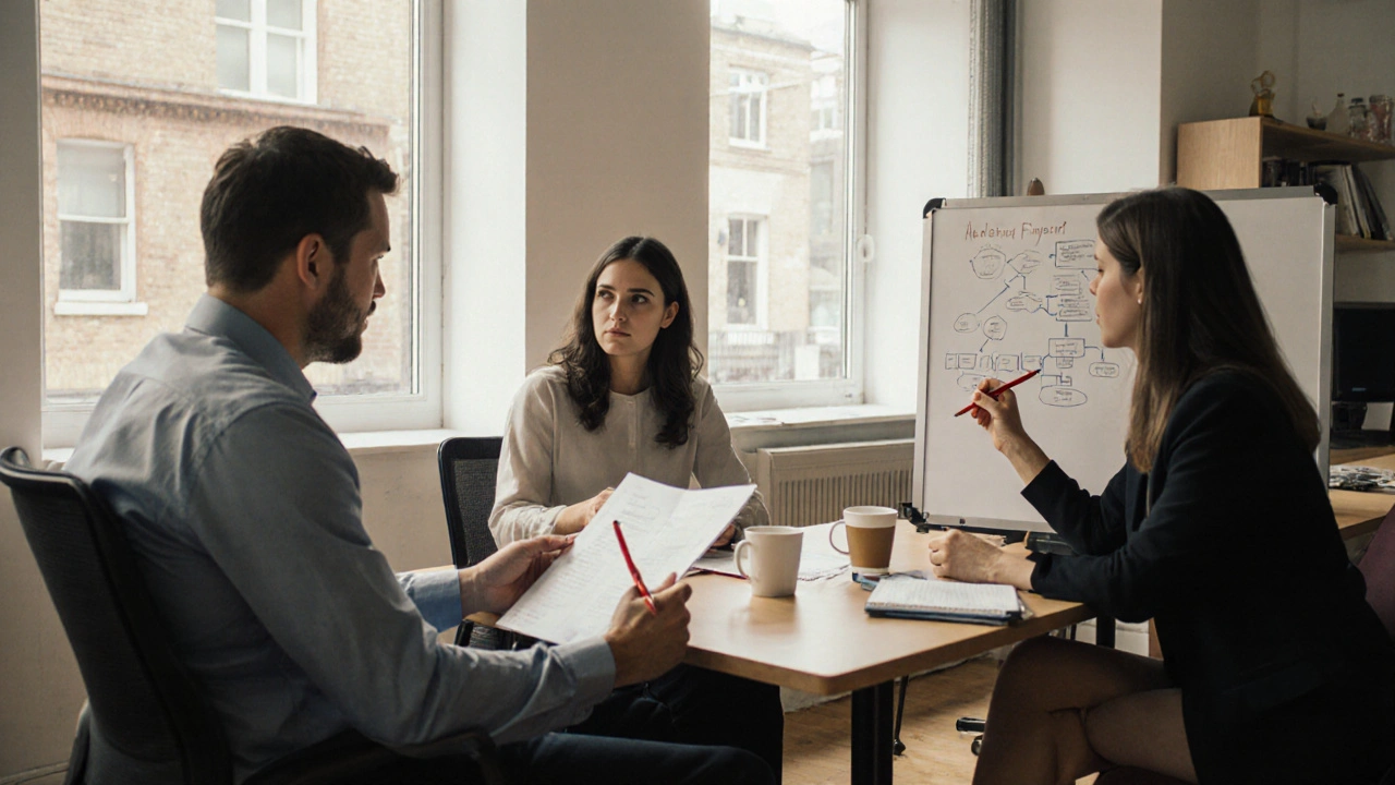 Founder receiving strategic advice from two advisors in a London co-working space.