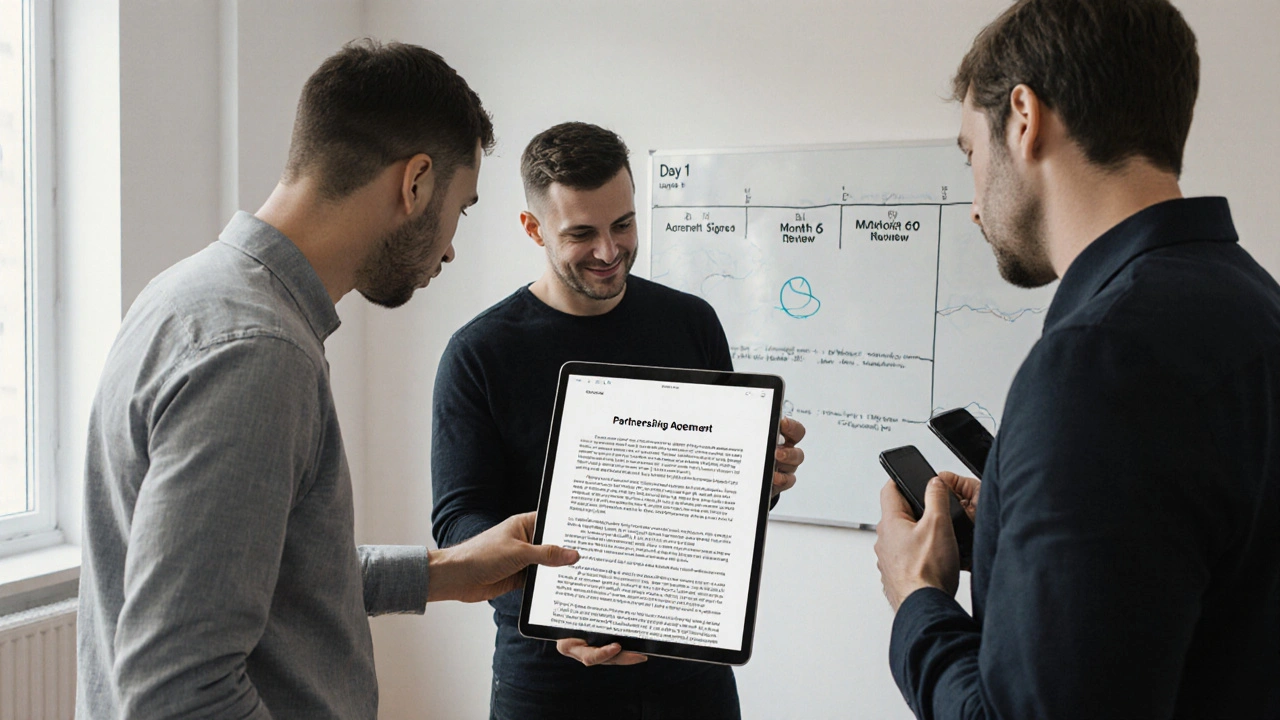 Partners collaborating on a digital partnership agreement in a modern UK workspace.