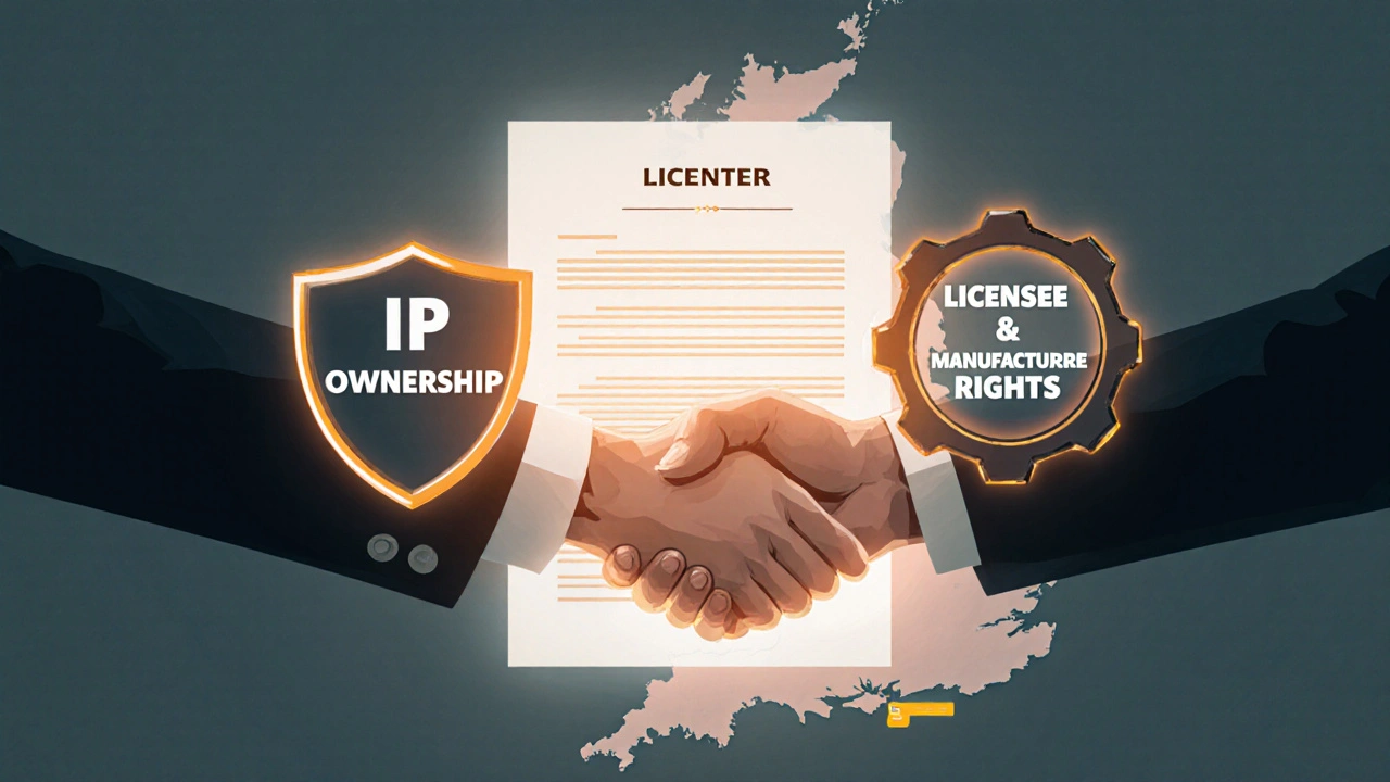 Two hands shaking over a glowing contract with UK map and IP icons