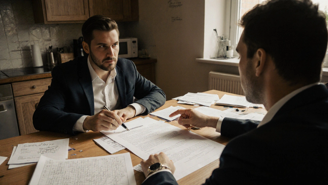 Two people reviewing a partnership agreement at a kitchen table, showing shared business responsibility.