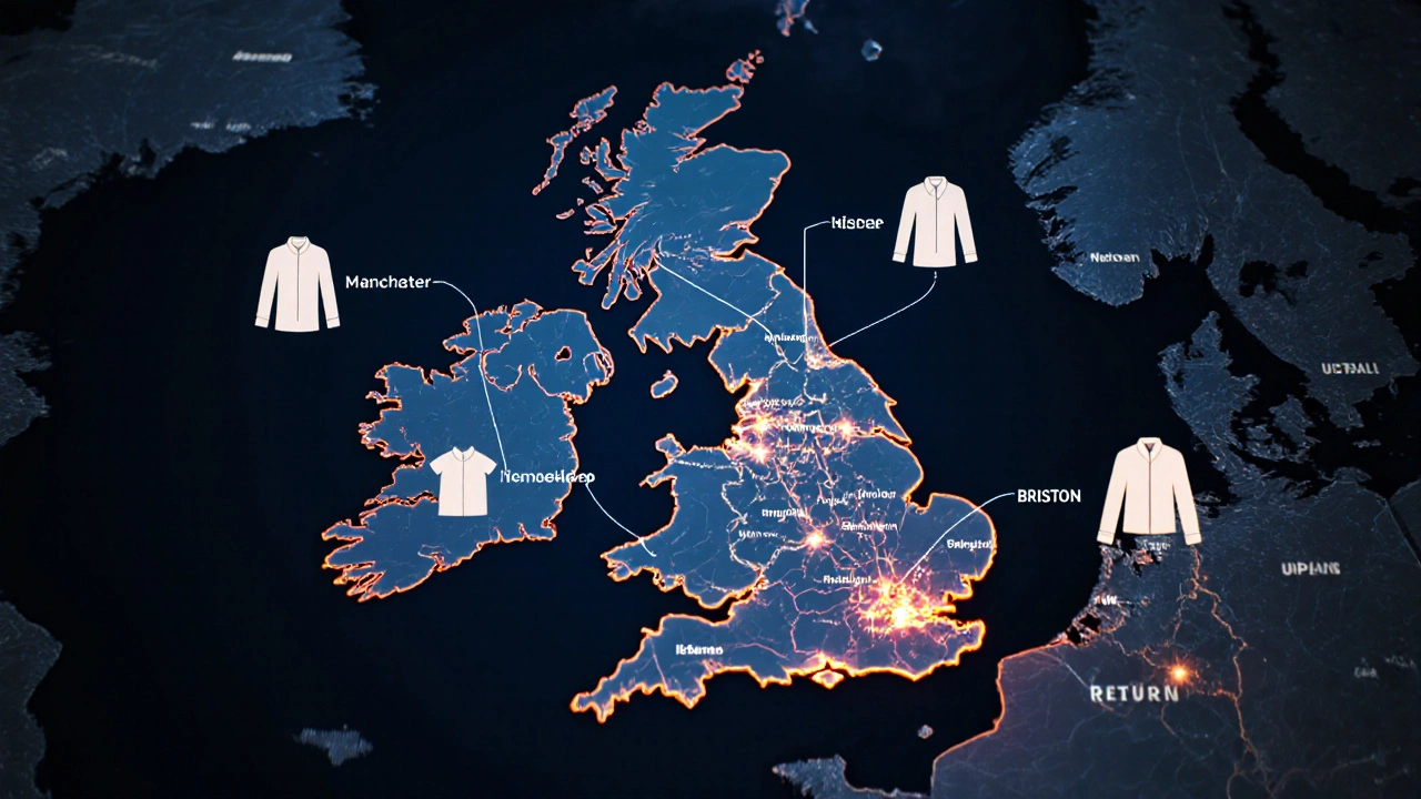 UK map with glowing data paths linking customer behavior to real-time product recommendations in cities like Manchester and Bristol.