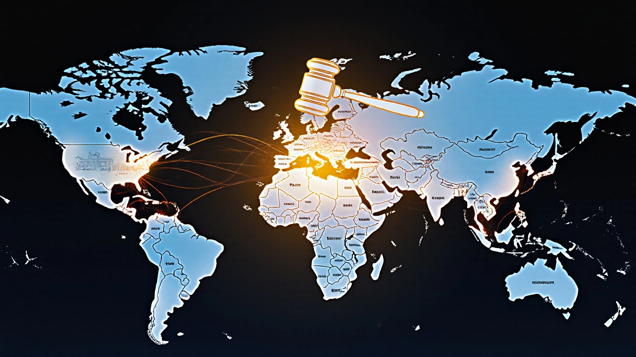 A symbolic map of global IP disputes with golden threads converging on London’s IPEC under a protective gavel.