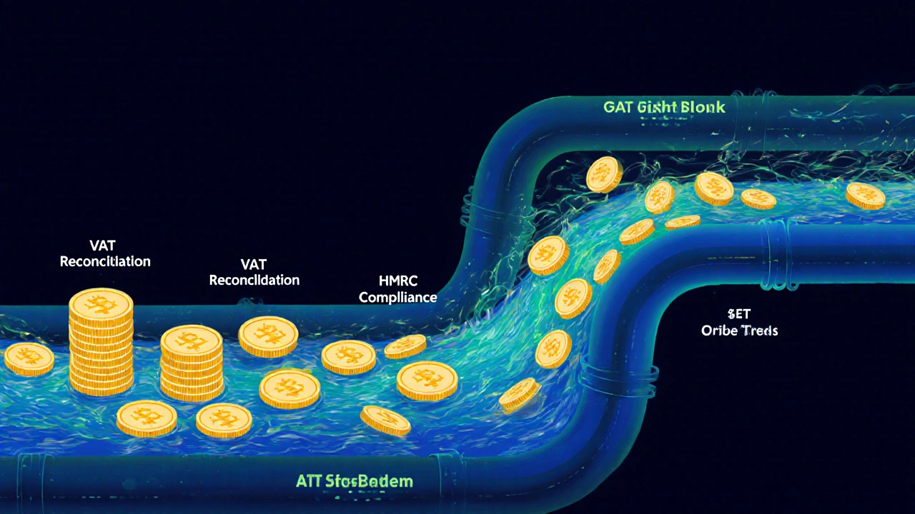 Abstract cash flow system with gold coins moving through labeled pipes representing AP processes.
