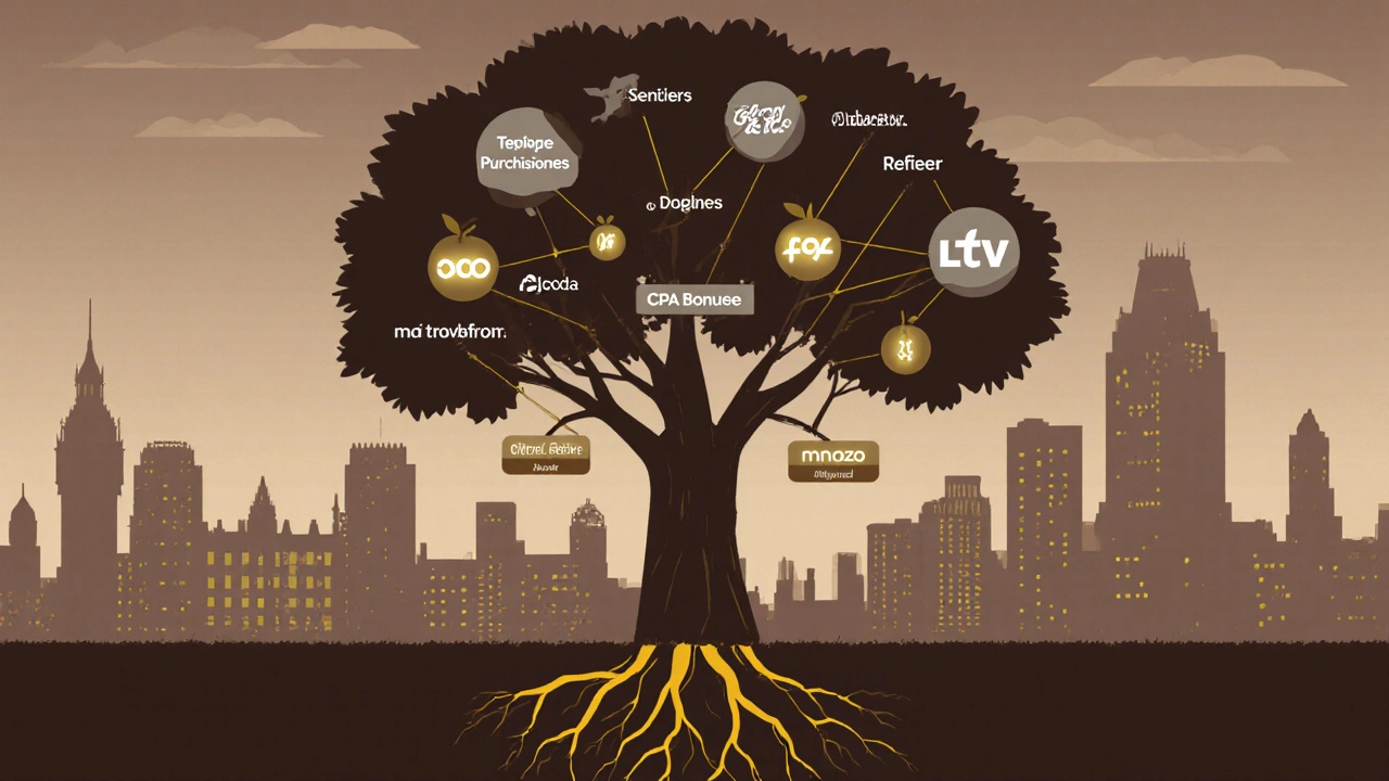 Abstract tree with affiliate program components growing into fruits representing customer loyalty and referrals.