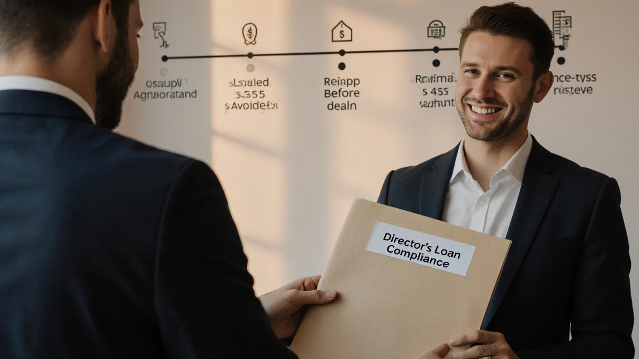 Accountant handing compliance folder to director with timeline graphic showing tax avoidance.