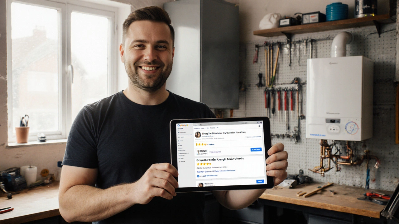 Business owner in workshop holding newly installed boiler, smiling beside dashboard showing reviews.