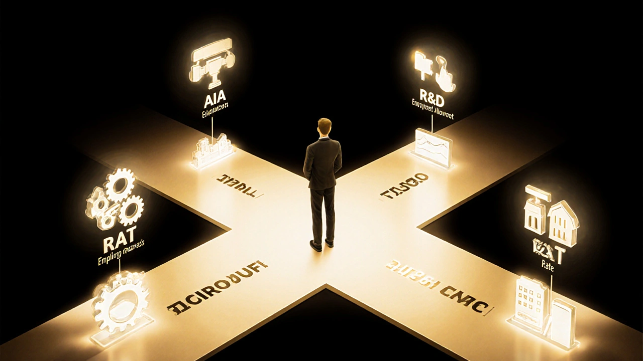 Conceptual crossroads with five glowing paths representing UK small business tax relief schemes.