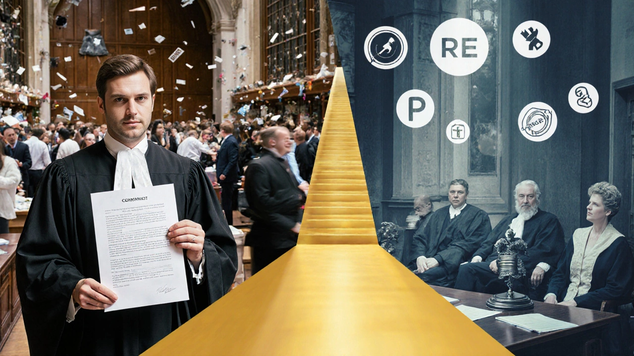 Contrasting scenes: a chaotic regional court versus a specialized IPEC courtroom in London, symbolizing legal strategy.