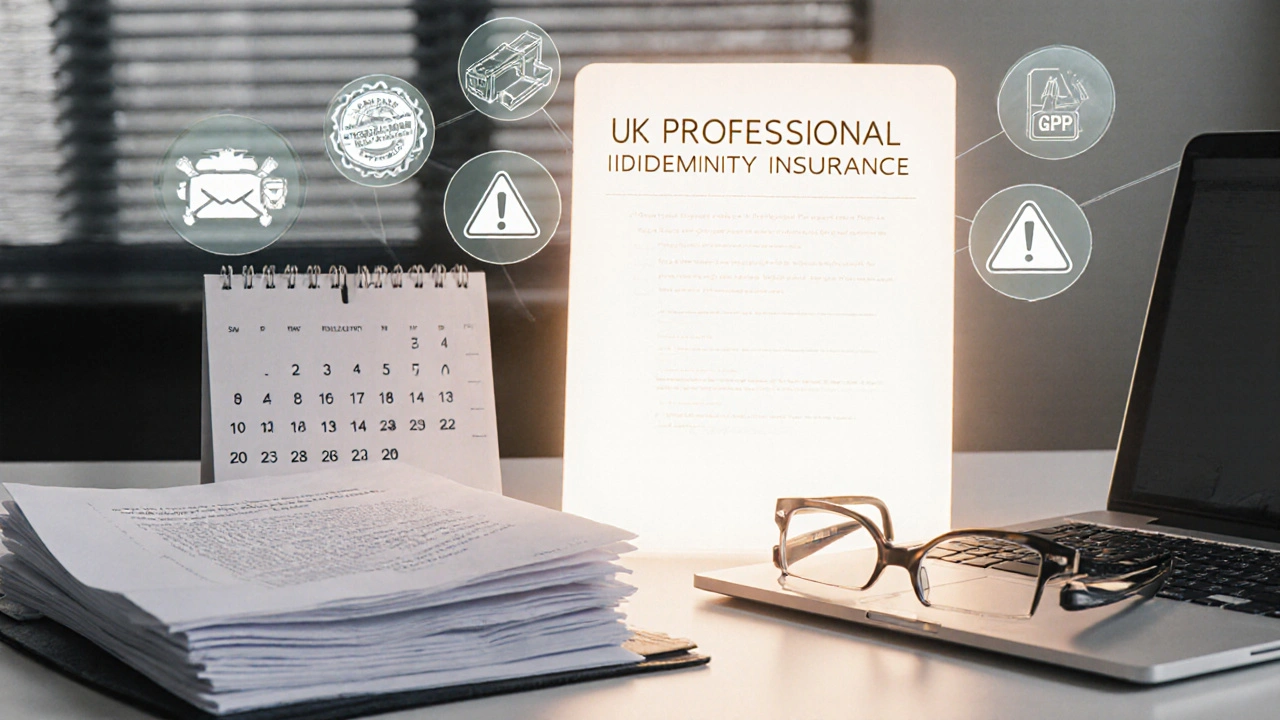 Desk with contracts and insurance certificate surrounded by icons of common professional claims.