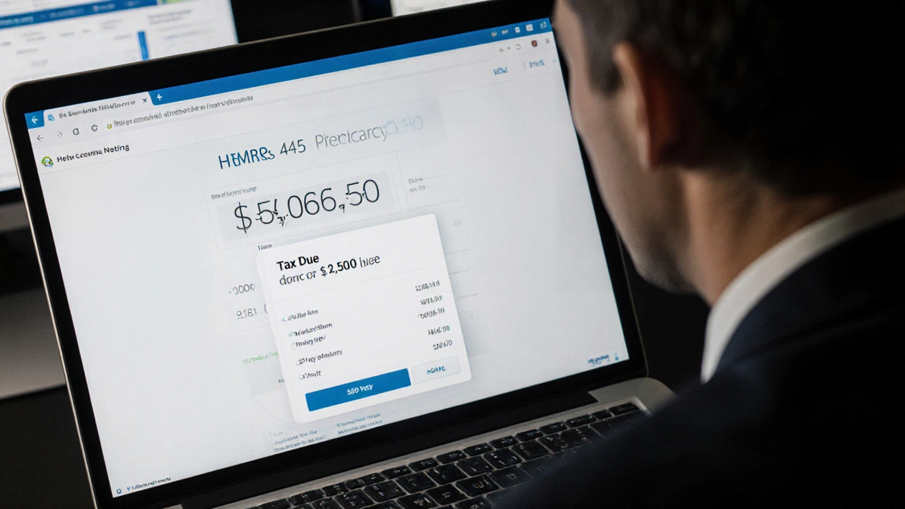 Director anxiously viewing HMRC s455 tax calculation on laptop with countdown timer.