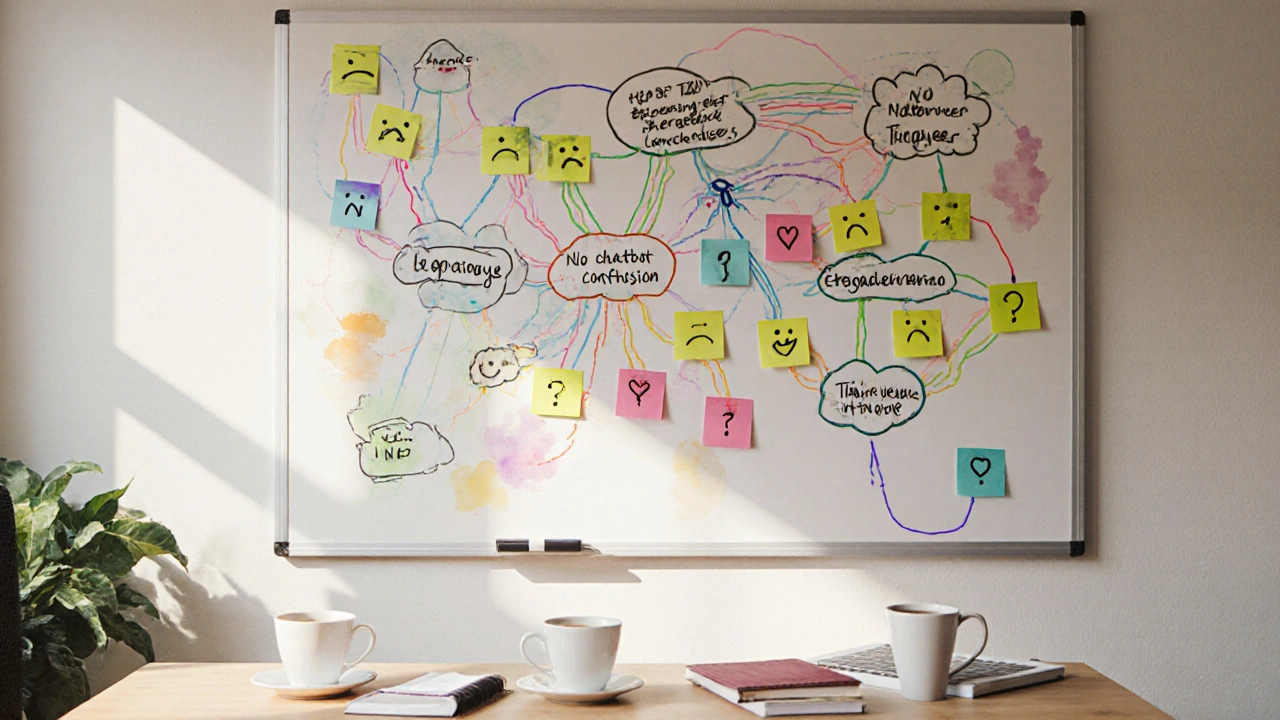 Hand-drawn customer journey map on a whiteboard with sticky notes and emotional icons in a UK office.