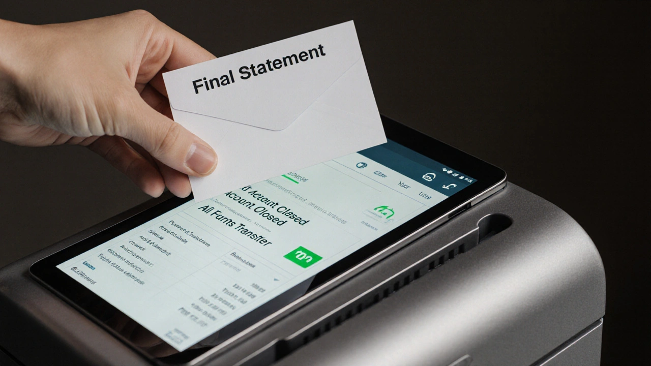Hand placing a final bank statement into a shredder while a reconciliation dashboard confirms account closure.