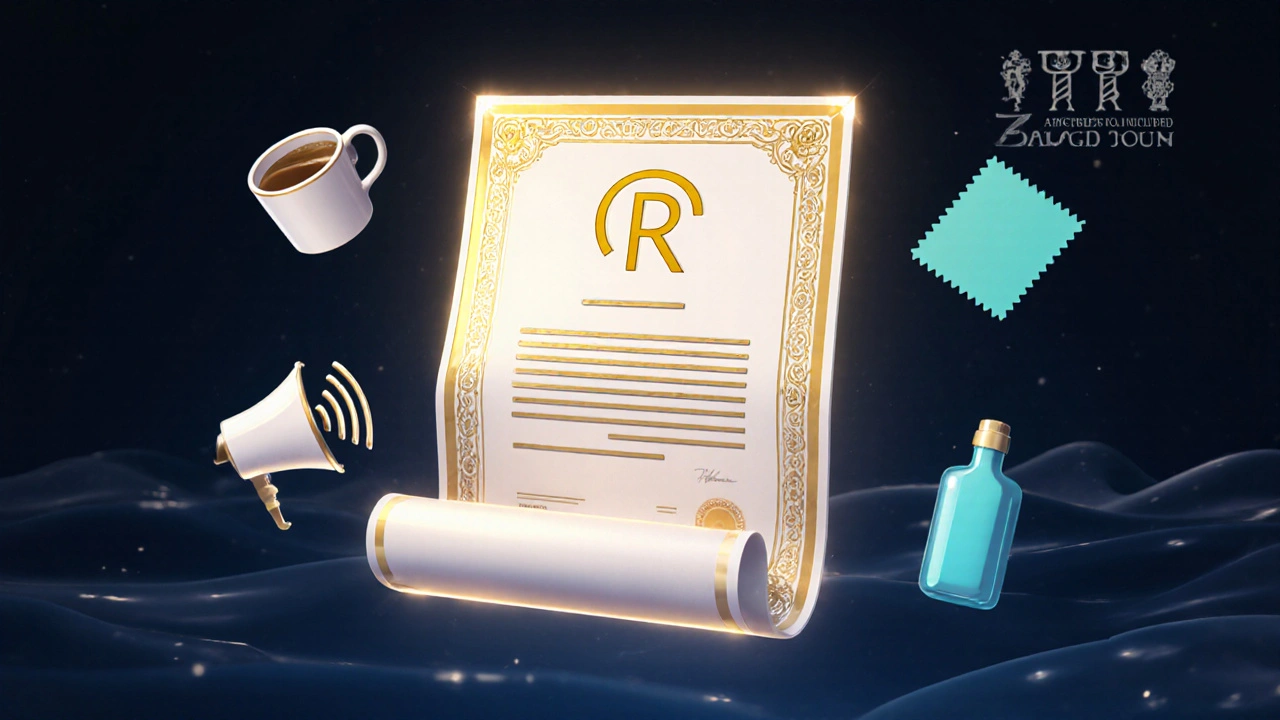 Legal trademark certificate glowing with icons of logos, sounds, colors, and shapes.