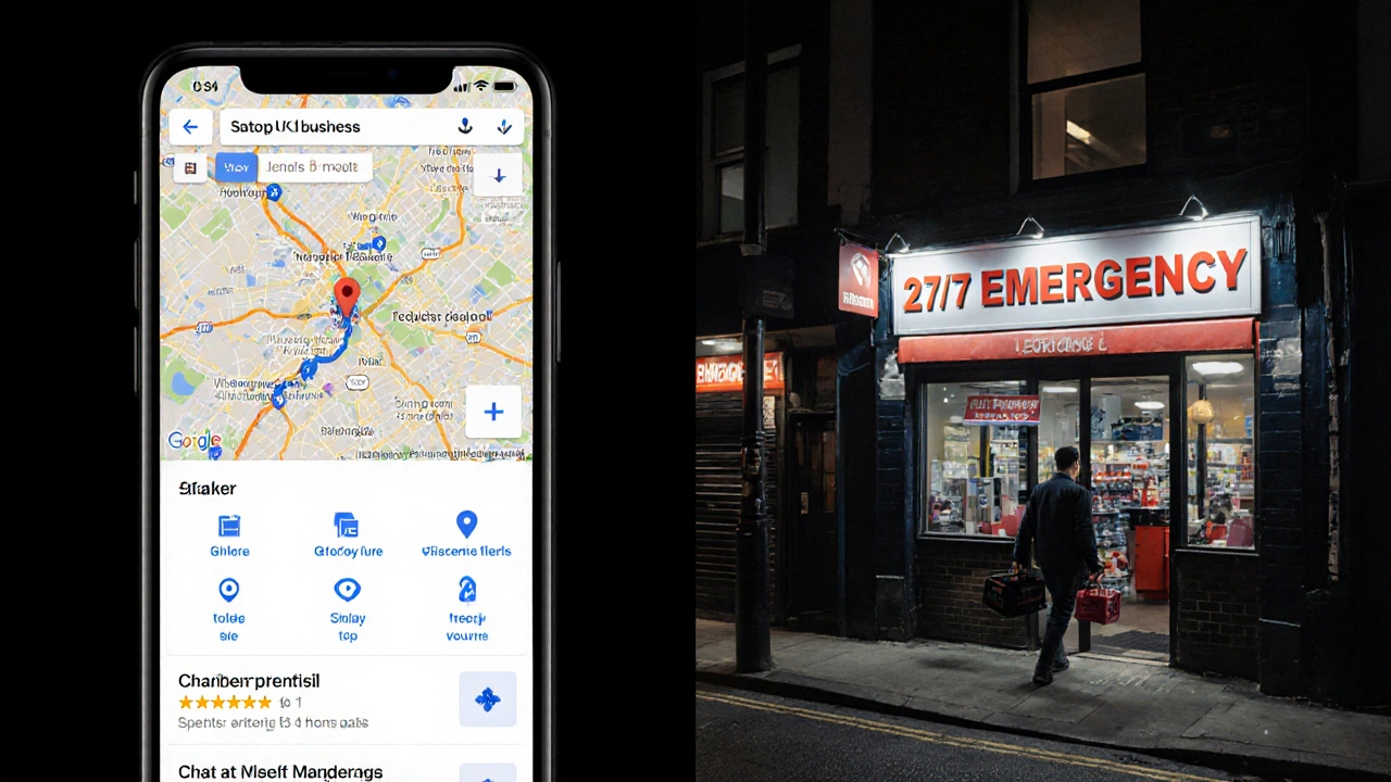 Mobile screen showing Google Maps local pack next to lit storefront with 24/7 emergency sign.