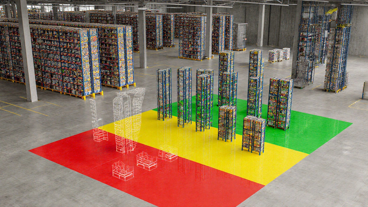 Overhead warehouse layout showing ABC storage zones with color-coded inventory and freed space for expansion.