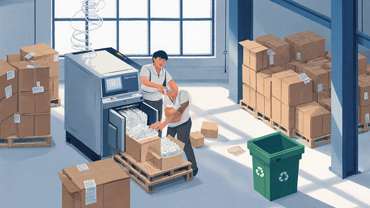 Packing station using automated void-fill machines and pre-stocked materials for efficient order sealing.