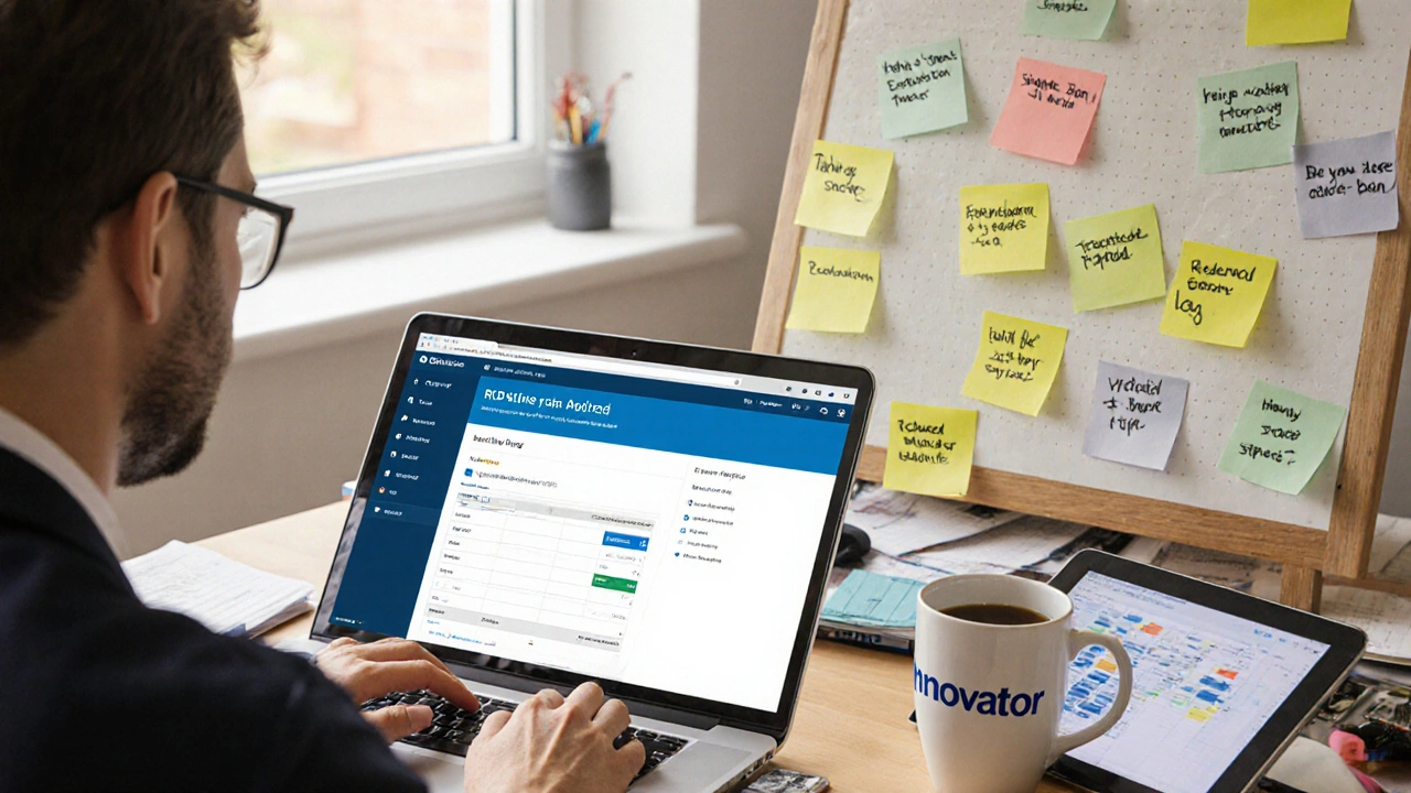Self-employed worker using a laptop to calculate R&amp;D tax relief in a home office.