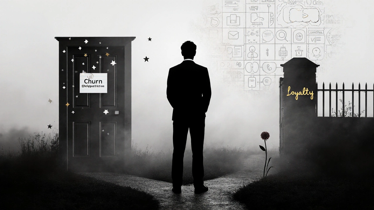 Silhouette of a customer at a crossroads between churn and loyalty, with touchpoints fading in the background.