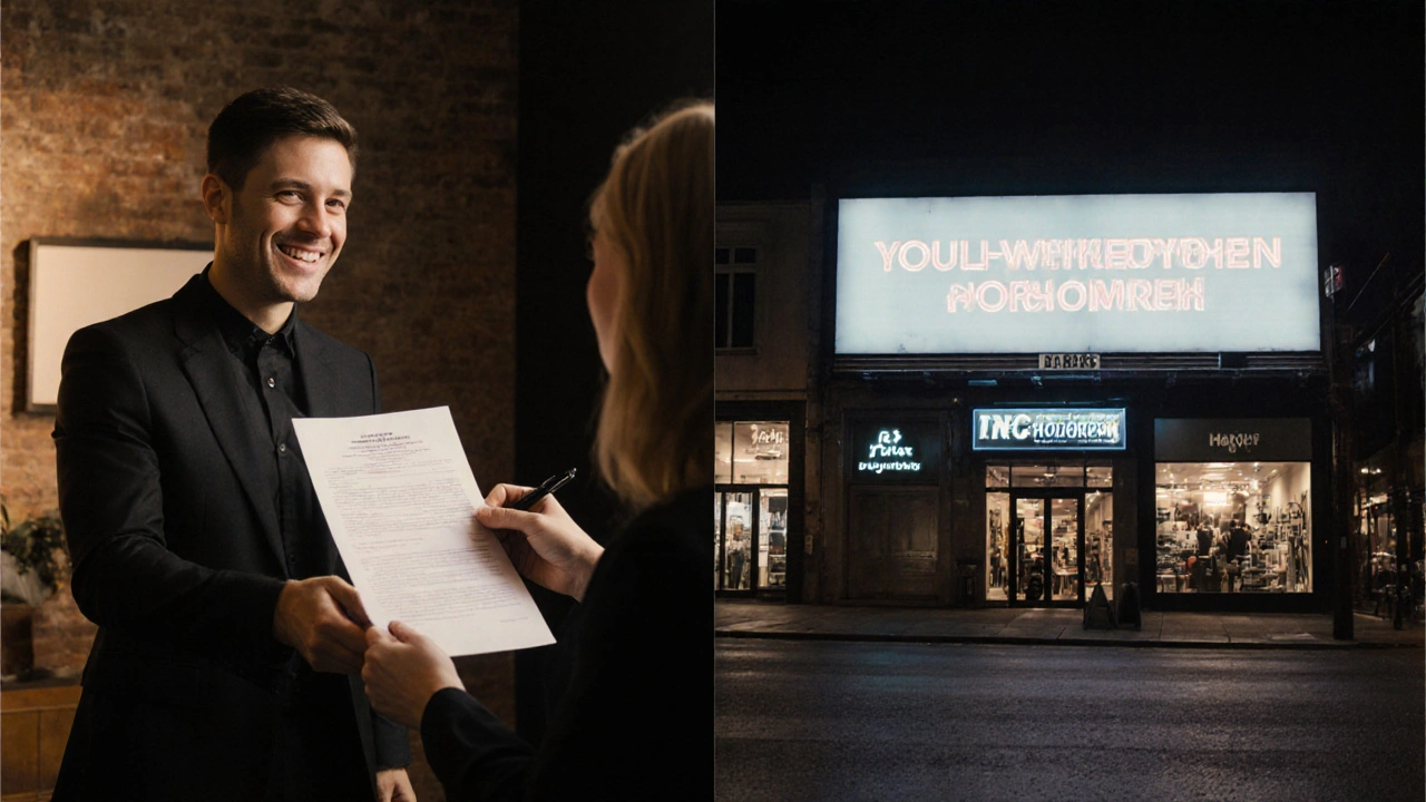 Split image showing signed model release vs. unauthorized use of photo on a billboard.