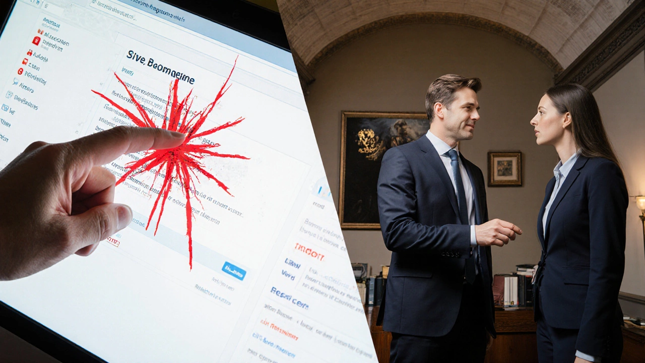 Split scene: frustrated client with broken website vs. consultant consulting a solicitor.