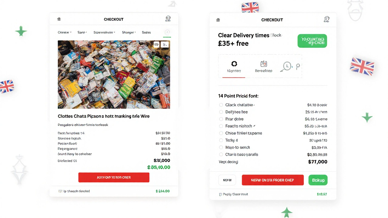 Split-screen comparison of a UK online store checkout before and after CRO improvements