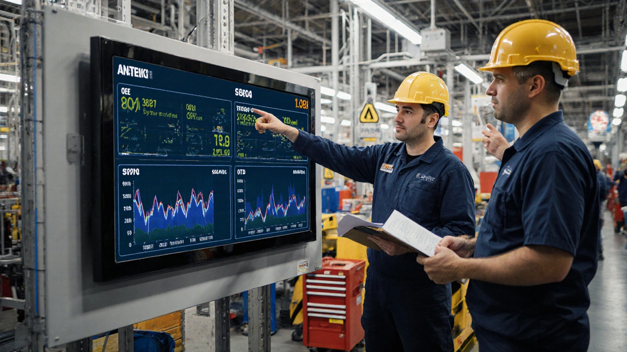Supervisors analyzing live production metrics on a digital display during a morning huddle.