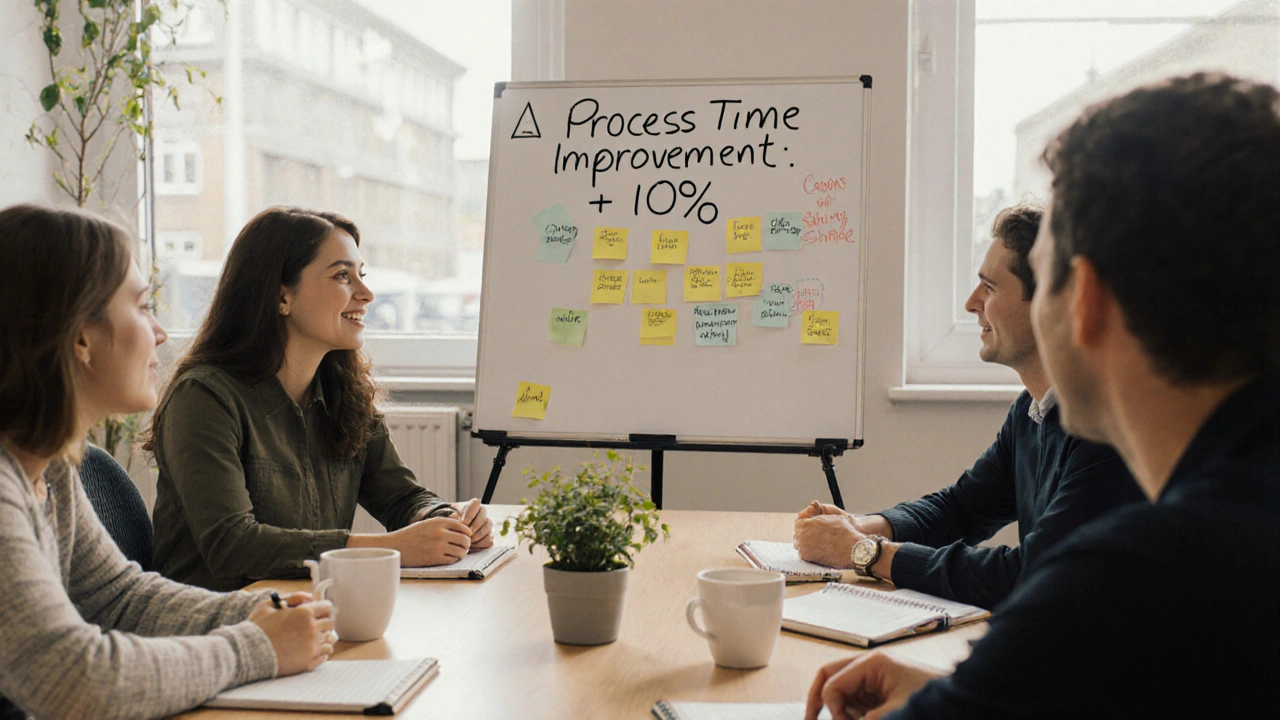 Team discussing process improvement on a whiteboard with sticky notes and coffee cups.