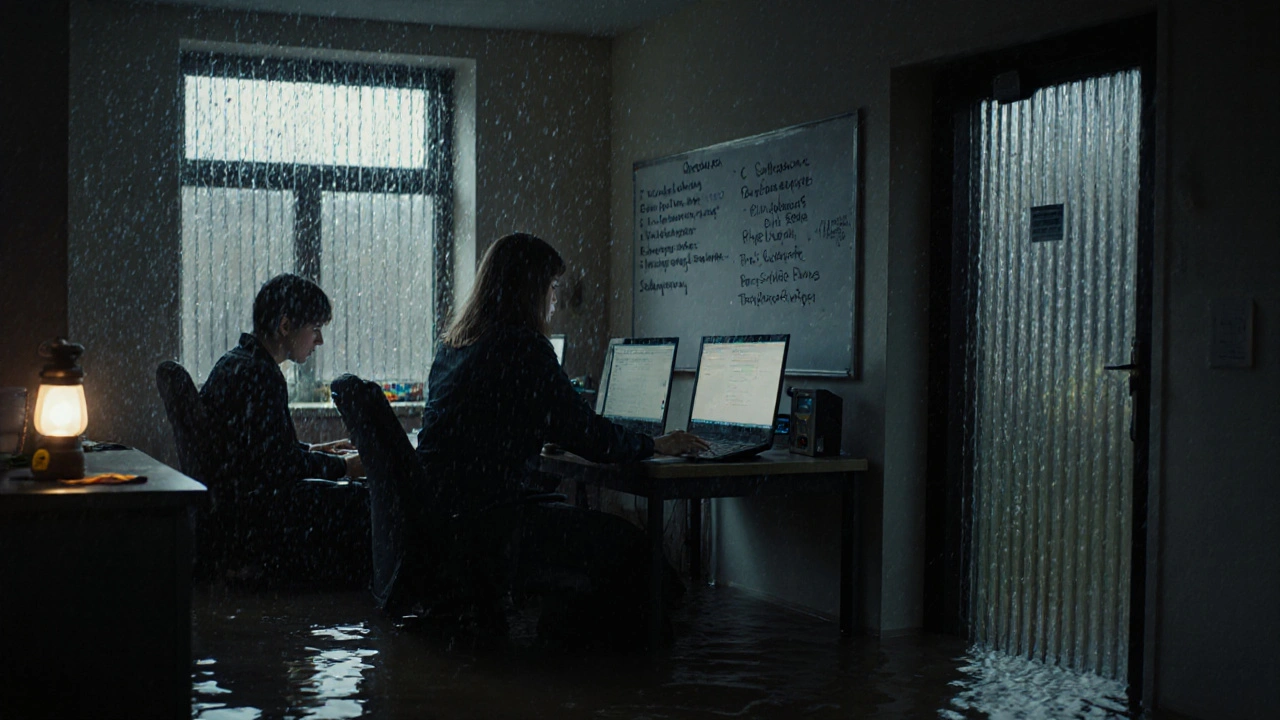 Team working in a flooded office using mobile hotspots and offline terminals to keep business running.