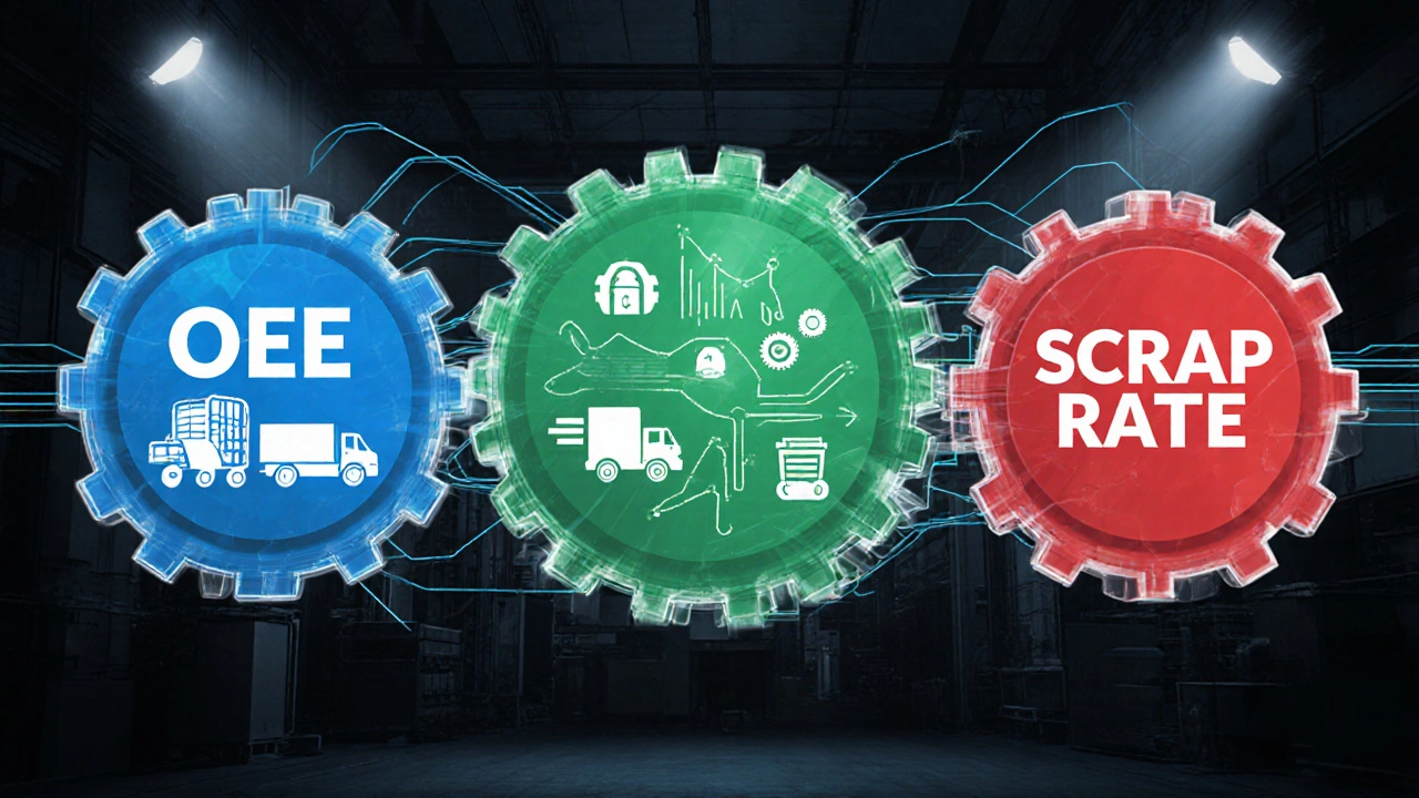 Three interconnected gears representing OEE, OTD, and scrap rate with data flows between them.