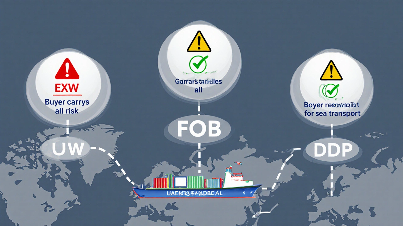 Three transparent logistics pathways showing EXW, FOB, and DDP responsibilities in global trade.