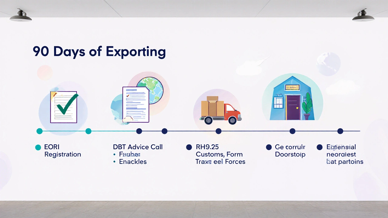 Timeline of first 90 days exporting from the UK with symbolic icons.