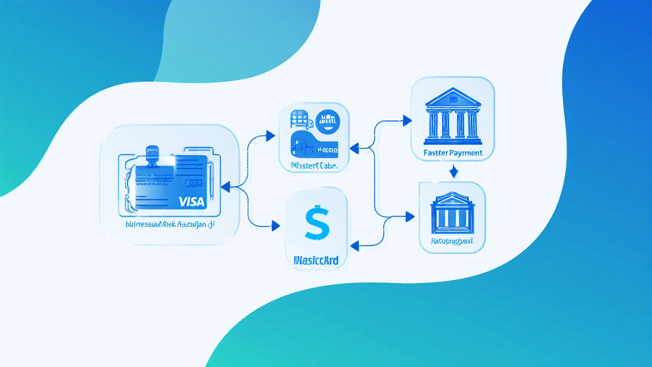 Transparent payment flow showing card transaction path through UK banking systems.