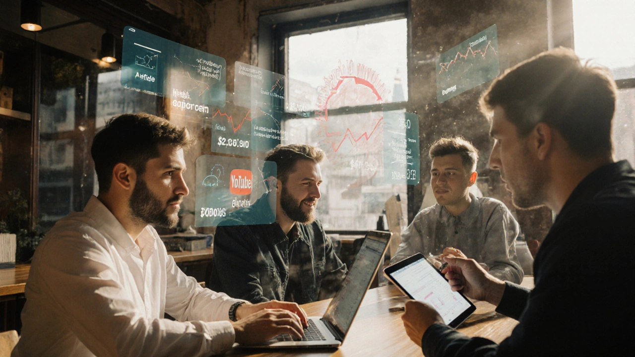 UK affiliate marketers working remotely with floating metrics of commissions and customer retention.