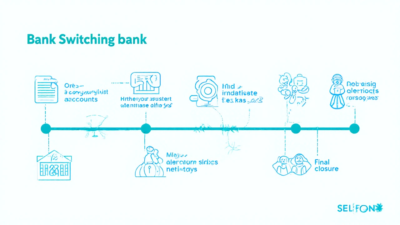 Visual timeline showing the steps of switching a UK business bank account through connected icons in minimalist line art.