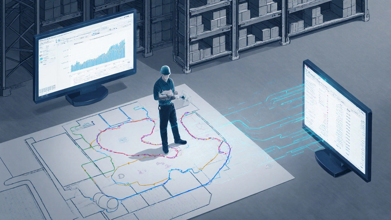 Warehouse worker redrawing picking routes with benchmark data glowing on screens.