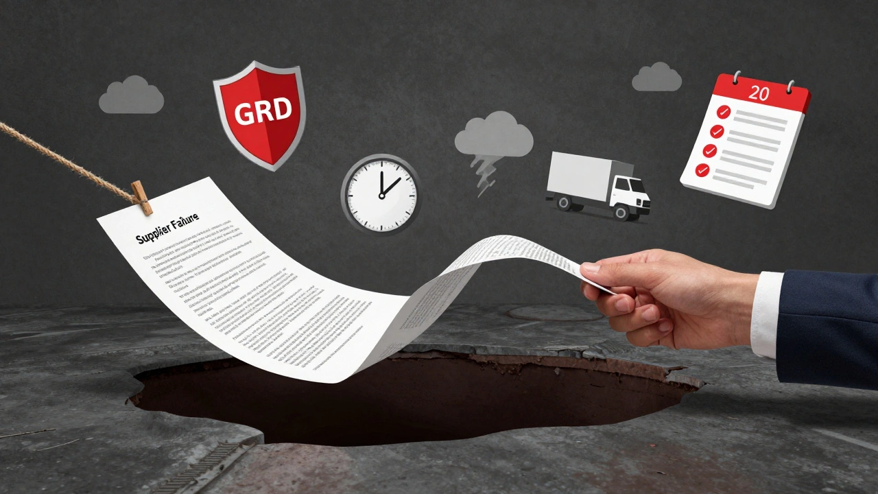 A contract lifeline snapping, with risk icons floating around it in a dramatic scene.