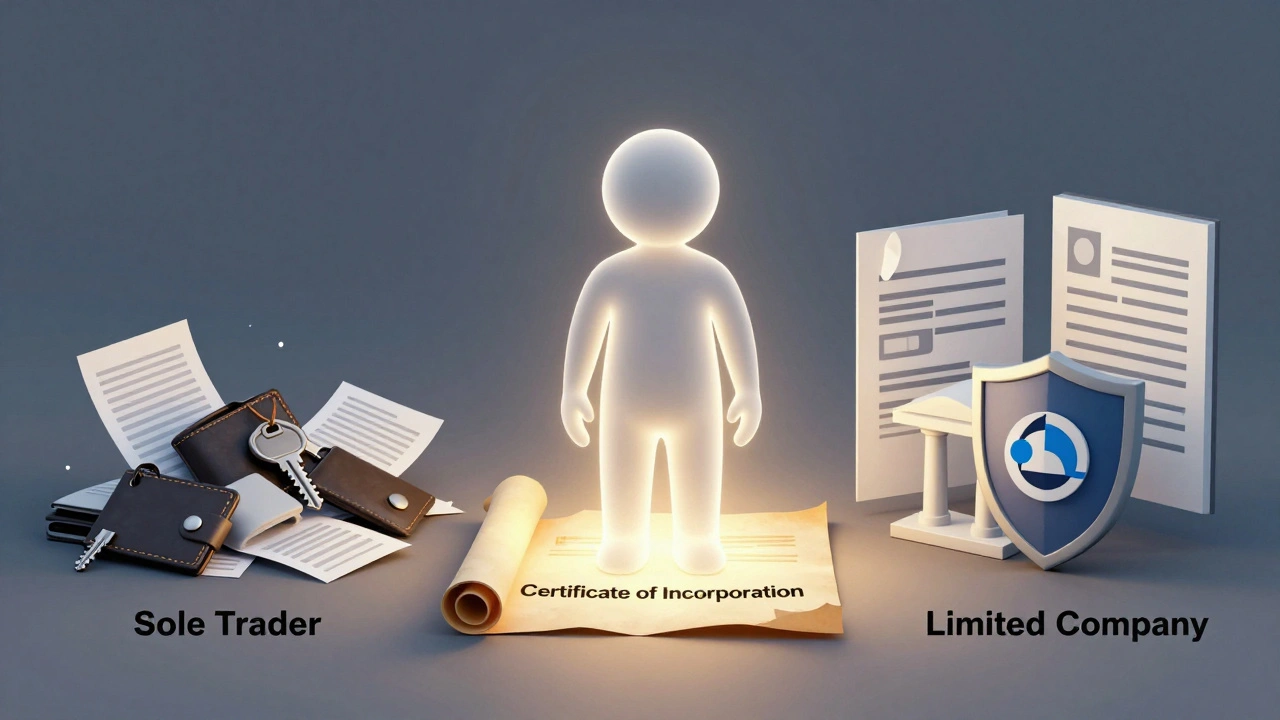 A glowing business entity emerging from a certificate, separating personal and corporate worlds.