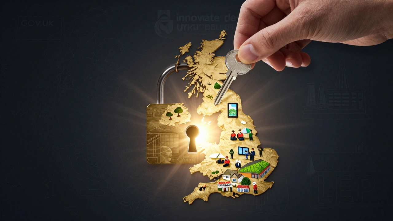 A key shaped like the UK map unlocking funding icons for clean tech, digital tools, and regional growth.