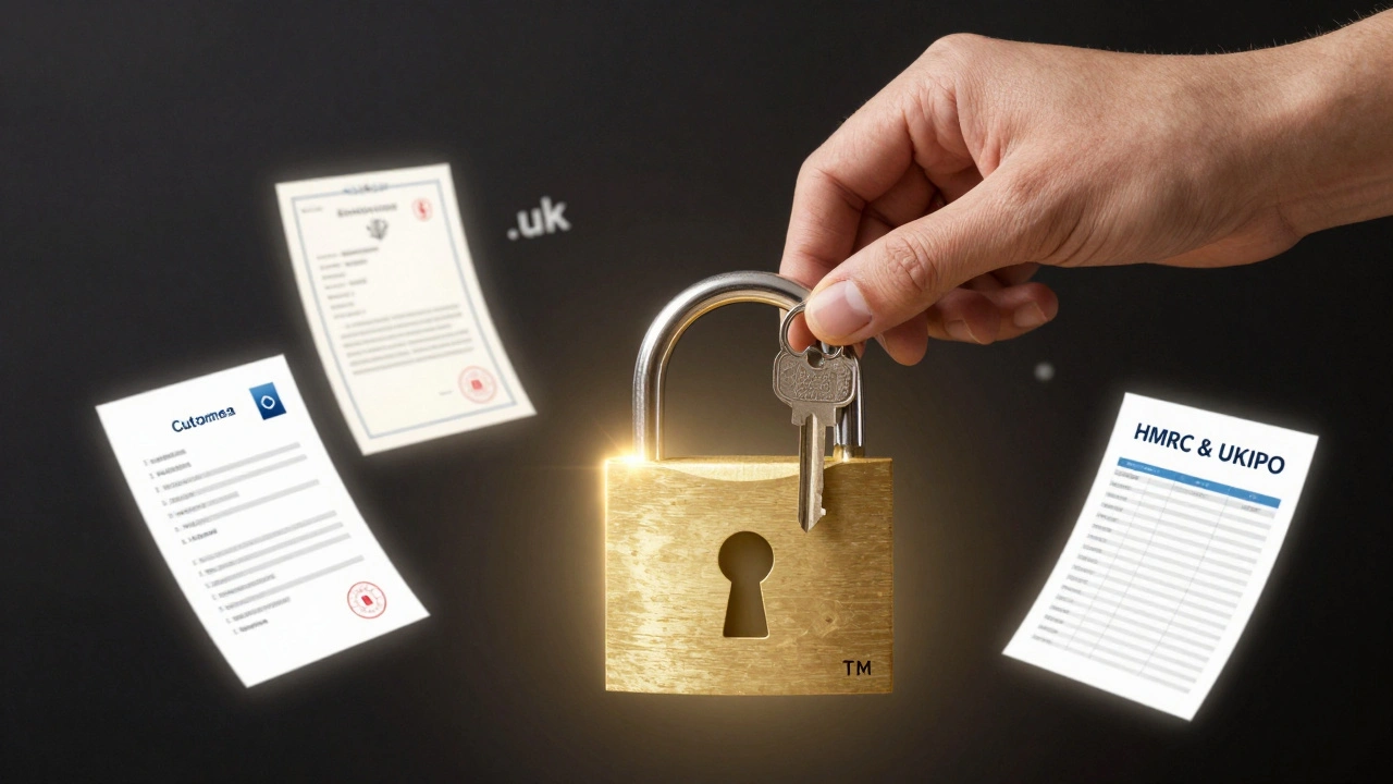 A key unlocking a trademark lock with digital assets floating around it.