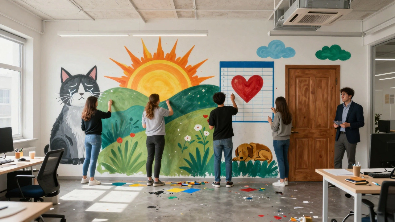 A large mural painted by coworkers in an office, each panel expressing personal meaning.