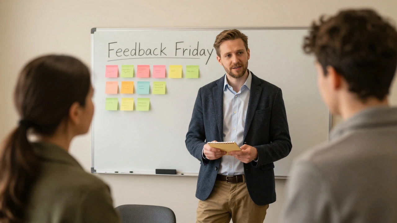 A leader facilitating a quiet conversation between two employees in a break room.